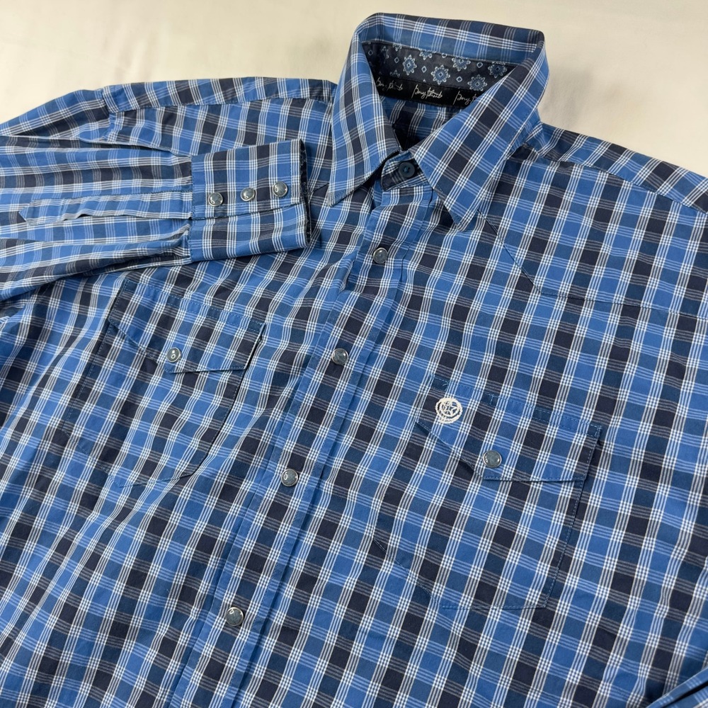 George Strait Shirt Men's Medium Blue Plaid Pearl Snap‎ Western Cowboy Rode L/S